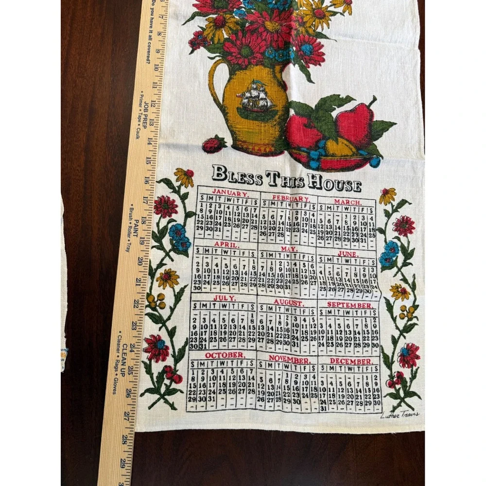 Vintage 1967 Luther Travis Linen Calendar Tea Towel Bless This House Mid Century